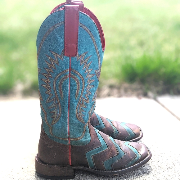 MACIE BEAN M9011 "Wave on Wave" Chevron toast/turquoise cowgirl rodeo boots sz 6 - Picture 6 of 15
